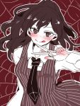  1girl akuma_no_riddle blush long_hair monochrome ponytail school_uniform scissors skirt solo spider_web takechi_otoya tongue tongue_out vest weapon zawameki 