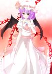  1girl ascot bat_wings brooch chain dei_(dirmu) dress frilled_shirt_collar frilled_skirt frilled_sleeves frills hat hat_ribbon highres jewelry mob_cap puffy_short_sleeves puffy_sleeves purple_hair red_eyes remilia_scarlet ribbon sash short_sleeves skirt slit_pupils solo touhou wings 
