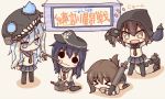  &gt;:d &gt;_&lt; 4girls :d akatsuki_(kantai_collection) anchor_symbol banner black_hair black_legwear blue_eyes brown_eyes brown_hair eggplant enemy_aircraft_(kantai_collection) flat_cap folded_ponytail hair_ornament hairclip hat hibiki_(kantai_collection) holding ikazuchi_(kantai_collection) inazuma_(kantai_collection) kantai_collection kneeling long_hair multiple_girls open_mouth poking re-class_battleship_(cosplay) school_uniform serafuku short_hair simple_background sitting smile solid_circle_eyes stuffed_toy tail tears torpedo translation_request turret wariza white_hair wo-class_aircraft_carrier_(cosplay) 