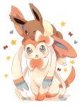  bent_knees blue_eyes blush bow brown_eyes duo eevee fang heart no_humans omelette_(chako3) one_eye_closed open_mouth pokemon pokemon_(creature) shadow simple_background sitting star sylveon white_background wink 