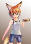  1girl animal_ears bike_shorts dreadtie fang food_in_mouth fox_ears fox_tail green_eyes highres mouth_hold orange_hair original short_hair solo standing strap_slip tail tank_top 