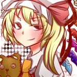  ascot asymmetrical_hair blonde_hair bow colored_eyelashes crystal flandre_scarlet hair_bow looking_at_viewer looking_to_the_side mob_cap puffy_short_sleeves puffy_sleeves red_eyes short_sleeves side_ponytail smirk solo_focus stuffed_animal stuffed_toy teddy_bear touhou wings 