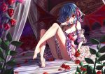  1girl alternate_costume bare_shoulders barefoot bat_wings bed blood blue_hair canopy_bed dress flower frilled_dress frills hair_ribbon legs lips looking_at_viewer mimika_(puetilun) night night_sky no_hat open_mouth reclining red_eyes red_rose remilia_scarlet ribbon rose short_hair sitting_on_bed sky solo star_(sky) starry_sky strapless_dress touhou tsurime wings 