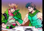  2boys alcohol blonde_hair brown_hair caesar_anthonio_zeppeli cup eating facial_mark feathers fingerless_gloves food fork gloves green_hair hair_feathers headband jojo_no_kimyou_na_bouken joseph_joestar_(young) mawiko multicolored_hair multiple_boys pasta pizza scarf two-tone_hair wine wine_glass 