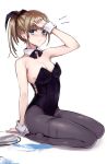  1girl bare_shoulders black_legwear blue_eyes blush breasts brown_hair cleavage detached_collar highres looking_at_viewer original pantyhose ponytail rough short_hair simple_background solo spill takeuchi_aya tears tray white_background wrist_cuffs 