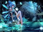  1girl bare_legs bare_shoulders barefoot blue_dress blue_eyes blue_hair bow butterfly cirno dress hair_bow ice kiyomasa_ren short_hair sitting smile solo touhou wading water wings 