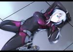  1girl aiyat_@_maotto arm_over_head armor blue_eyes bodysuit high_heels hip_armor letterboxed long_hair lying neon_trim on_back original pilot_suit silver_hair solo 
