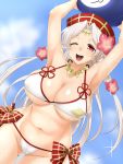  1girl armpits ball beachball bikini breasts cleavage clouds hat highres large_breasts mound_of_venus one_eye_closed open_mouth r44 red_eyes sengoku_collection smile solo sparkle swimsuit takeda_shingen_(sengoku_collection) white_bikini white_hair white_swimsuit wink 