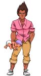  2boys animated animated_gif artist_request baby casual dark_skin dragon_ball dragon_ball_z father_and_son hand_in_pocket laughing multiple_boys pants_rolled_up pink_shirt shirt tossing trunks_(dragon_ball) vegeta 