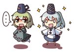  ... 0_0 chibi doughnut drooling ghost_tail green_eyes green_hair hat holding japanese_clothes kariginu kukku mononobe_no_futo open_mouth pom_pom_(clothes) ponytail short_hair silver_hair smile soga_no_tojiko sparkle tate_eboshi touhou wavy_mouth 