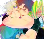  2boys blonde_hair blush brown_hair caesar_anthonio_zeppeli facial_mark headband highres hug jojo_no_kimyou_na_bouken joseph_joestar_(young) mobu_(syuranatu) multiple_boys scarf scarf_bow 