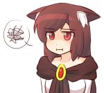  1girl animal_ears annoyed brooch brown_hair dress ears_down imaizumi_kagerou jewelry long_hair pout red_eyes shaded_face solo spoken_squiggle squiggle touhou white_background wolf_ears wool_(miwol) 