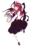  1girl absurdres ahoge bat_wings book book_stack clumsy dress falling fang head_wings highres koakuma leg_up long_hair nagata_nagato necktie open_mouth red_eyes redhead simple_background sketch solo tail touhou white_background wings 
