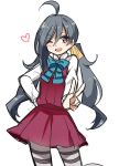  1girl grey_eyes grey_hair heart kantai_collection kiyoshimo_(kantai_collection) long_hair one_eye_closed sharlorc smile twintails uniform v 