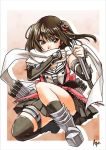  1girl abo_(hechouchou) brown_eyes brown_hair gloves kantai_collection personification scarf sendai_(kantai_collection) short_hair skirt solo squatting torpedo twintails 