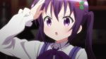  animated animated_gif gochuumon_wa_usagi_desuka? lowres purple_hair salute screencap sparkle_eyes tedeza_rize twintails violet_eyes 