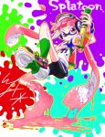  gun headphones inkling ionaomichi long_hair pink_eyes pink_hair smile splatoon twintails weapon 