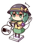  /\/\/\ 1girl censored_text chibi green_eyes green_hair hat hat_ribbon komeiji_koishi kukku ribbon short_hair simple_background solo surprised sweat tagme third_eye touhou weighing_scale white_background 