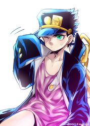  1boy age_regression blue_hair child green_eyes hat jojo_no_kimyou_na_bouken kuujou_joutarou mawiko sleeves_past_wrists solo young 