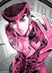  1boy gakuran higashikata_jousuke jojo_no_kimyou_na_bouken looking_at_viewer mawiko monochrome pink pompadour school_uniform solo 