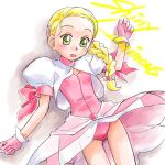  1girl blonde_hair blush braid character_name dress english futari_wa_precure futari_wa_precure_max_heart gloves green_eyes hair_ornament hairclip jacket kujou_hikari long_hair oochan_(society_of_sorcery) open_mouth pink_dress pink_gloves precure puffy_sleeves single_braid solo white_jacket 