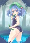 /\/\/\ 1girl ass blue_eyes blue_hair cucumber eating forest hair_bobbles hair_ornament hat kawashiro_nitori looking_at_viewer looking_back nature pond school_swimsuit solo surprised swimsuit touhou twintails youki_(yuyuki000) 