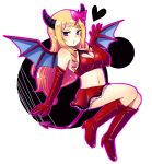  1girl arm_support armpits bare_shoulders blonde_hair blown_kiss blush boots breasts butterfly butterfly_hair_ornament cappuccino1 cleavage cleavage_cutout demon_girl demon_horns demon_tail demon_wings drill_hair elbow_gloves gloves hair_ornament heart heart-shaped_pupils heart_cutout high_heels horns kneehighs lace-trimmed_skirt lines long_hair mound_of_venus navel outline pointy_ears puzzle_&amp;_dragons red_boots red_clothes red_gloves red_skirt sideboob simple_background skirt solo spots succubus succubus_(p&amp;d) symbol-shaped_pupils tail tank_top violet_eyes white_background wings 