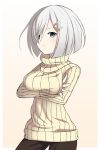  1girl blue_eyes breasts crossed_arms gradient gradient_background hair_ornament hair_over_one_eye hairclip hamakaze_(kantai_collection) highres kantai_collection looking_at_viewer short_hair silver_hair solo sweater utsushige 