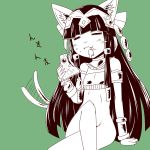  1girl :3 :t animal_ears arm_support armlet bangs bastet_(p&amp;d) black_hair blunt_bangs bottomless bracelet cat_ears cat_girl cat_tail closed_eyes crossed_legs eating egyptian egyptian_clothes fang flat_chest food green_background hair_ornament headdress jewelry long_hair mazikayu midriff mound_of_venus navel necklace puzzle_&amp;_dragons sandwich simple_background sitting smile solo tail tail_wagging text 