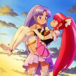  2girls aino_megumi blush boots carrying closed_eyes clouds cure_fortune cure_lovely earrings embarrassed fingerless_gloves gloves hair_ornament happinesscharge_precure! heart heart_hair_ornament high_heels highres hikawa_iona jewelry long_hair looking_at_another magical_girl mont_blanc_(heartcatch_ayaya) multiple_girls pink_hair pink_skirt ponytail precure purple_hair purple_skirt shirt skirt sky standing sunset thigh-highs thigh_boots thighs vest violet_eyes white_legwear wrist_cuffs zettai_ryouiki 