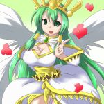 1girl breasts ceres_(p&amp;d) cleavage cleavage_cutout crown dress feathered_wings flower gradient gradient_background green_background green_eyes green_hair hair_tubes hand_on_breast heart jewelry large_breasts long_hair long_sleeves mazikayu multicolored_background open_mouth petticoat pointing puzzle_&amp;_dragons red_flower simple_background smile solo white_background white_dress wings 