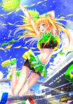  1girl 2014_fifa_world_cup arms_up bike_shorts blonde_hair blue_eyes blush breasts cheerleader flag hair_ribbon highres long_hair midriff navel open_mouth original pom_poms ribbon shoes skirt sky smile sneakers solo sports_bra stadium swordsouls twintails world_cup 