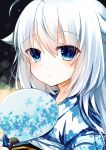 1girl ahoge at blue_clothes blue_eyes blurry bokeh dark_background depth_of_field fan flower highres leaf looking maple_leaf original patterned tagme viewer white_clothes white_hair yu_ri012 