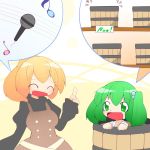  2girls blonde_hair bucket chibi dress green_eyes green_hair hair_bobbles hair_ornament hiyori_(higanahannnti) in_bucket in_container kisume kurodani_yamame microphone multiple_girls musical_note open_mouth pointing ponytail short_hair smile touhou twintails 