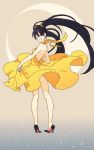  1girl black_hair brown_eyes crescent_moon dress from_behind gradient gradient_background high_heels kurokeisin long_hair looking_at_viewer looking_back moon open-back_dress original skirt_hold smile solo twintails very_long_hair wind yellow_dress 