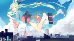  1girl 39 absurdres city clouds geta giantess green_eyes green_hair hatsune_miku highres japanese_clothes kimono long_hair looking_at_viewer one_eye_closed open_mouth ryuutsuki_basetsu socks solo twintails very_long_hair vocaloid wink 