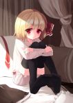  1girl absurdres black_legwear blonde_hair bloomers blush canopy_bed eluthel hair_ribbon highres long_sleeves looking_at_viewer no_pants pillow red_eyes ribbon rumia shirt sitting sitting_on_bed skirt skirt_removed solo thigh-highs touhou underwear 