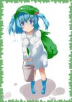  1girl alternate_color backpack bag blue_boots blue_eyes blue_hair blush boots border breasts bucket bucket_of_water cucumber dress embarrassed hair_bobbles hair_ornament kappougi kawashiro_nitori key kokuuu looking_at_viewer short_hair solo tareme touhou two_side_up wavy_mouth white_dress 