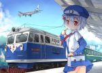  1girl airplane bag building hair_ornament hat locomotive looking_at_viewer original parted_lips pleated_skirt red_eyes saru short_hair shoulder_bag silver_hair skirt sky solo star_hair_ornament tagme train train_station whistle 