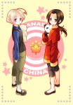  2boys ahoge america_(hetalia) axis_powers_hetalia blonde_hair brown_eyes brown_hair canada_(hetalia) china_(hetalia) kokutou_mimi kumajirou_(hetalia) long_hair male multiple_boys panda ponytail violet_eyes 