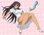  1girl :o bare_shoulders black_hair blue_eyes breasts captain_earth creature dark_skin dress large_breasts long_hair mutou_hana nigou pink_background pitz sandals two_side_up 