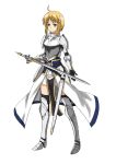  1girl ahoge armor armored_boots armored_dress blonde_hair dungeons_and_dragons eyes faintxp gauntlets green knight original paladin sheath simple_background sword weapon 