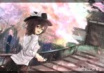  1girl bow brown_eyes brown_hair cherry_blossoms eisuto gate hat hat_bow looking_back petals solo stairway touhou usami_renko 