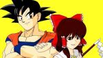  1boy 1girl black_hair bow brown_eyes brown_hair crossover dragon_ball dragon_ball_z hair_bow hair_ribbon hair_tubes hakurei_reimu long_hair muscle ribbon short_hair smile son_gokuu spiky_hair touhou 