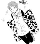  1boy floating hachisumi jacket king_(nanatsu_no_taizai) looking_at_viewer monochrome nanatsu_no_taizai pants pillow short_hair simple_background solo translation_request white_background 