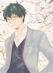  1boy artist_request black_hair brown_eyes cherry_blossoms expressionless glasses jacket looking_at_viewer original school_uniform short_hair sweater yellow_eyes 