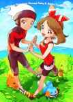  1boy 1girl bike_shorts blue_eyes blue_sky brown_hair clouds copyright_name hair_ribbon hands_together haruka_(pokemon) haruka_(pokemon)_(remake) hat kurochiroko looking_at_viewer mudkip open_mouth pokemon pokemon_(creature) pokemon_(game) pokemon_oras ribbon short_hair short_shorts shorts sky sleeveless sleeveless_shirt smile torchic treecko two_side_up wristband 