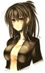  1girl breasts brown_eyes brown_hair cleavage earrings highres impossible_clothes impossible_shirt jewelry kotoba_noriaki large_breasts long_hair open_clothes original revision shirt solo 
