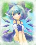  1girl adapted_costume bare_shoulders blue_eyes blue_hair blue_sky bow choker cirno detached_sleeves dress ellipsis_(mitei) faux_traditional_media grass hair_bow highres leg_hug looking_at_viewer ribbon short_hair sitting sky smile solo texture touhou tree wings 
