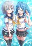  2girls alternate_legwear blue_eyes blue_hair breasts double_bun hair_ornament hairclip hamakaze_(kantai_collection) highres kantai_collection kazenokaze multiple_girls no_hat one_eye_closed open_mouth school_uniform serafuku short_hair silver_hair thigh-highs urakaze_(kantai_collection) wink 